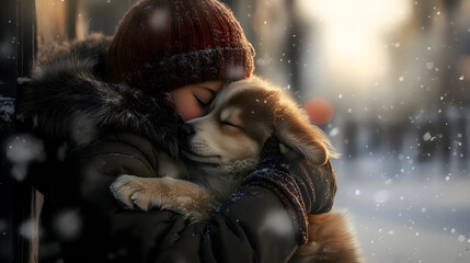 A heartwarming winter scene of a child bundled up in a cozy coat, scarf, and mittens, embracing their fluffy dog in the snow