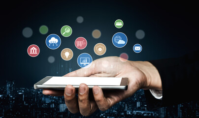 Set of business and digital service icons representing finance, cloud, analytics, email,...