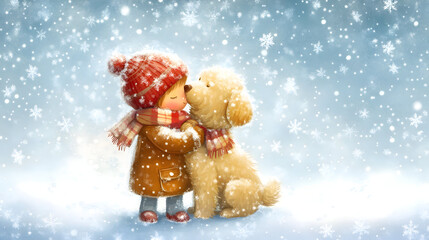A heartwarming winter scene of a child bundled up in a cozy coat, scarf, and mittens, embracing their fluffy dog in the snow