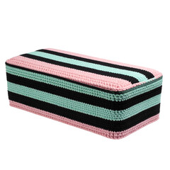 Rectangular, handcrafted, striped, crocheted ottoman in pastel pink, aqua, and black