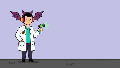 Cartoon scientist with bat headphones and pumpkin pin holds glowing device Halloween science fun