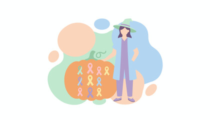 Doctor in witch hat with awareness ribbon pumpkin Health Halloween and support concept