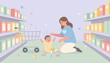 Mother comforts crying baby in a supermarket aisle Parenting challenges shopping with kids