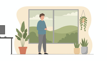 Man relaxing by window enjoying peaceful nature view Home office worklife balance mindfulness
