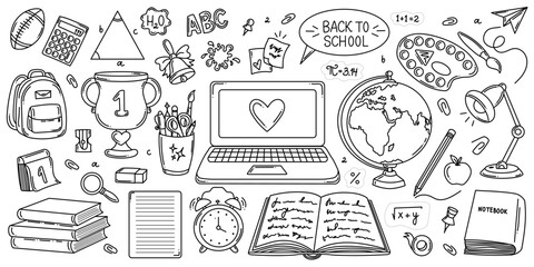 Back to school doodle set with educational elements black and white vector doodle with school elements notebook, books, globe, paints. Vector illustration for study, school, university.