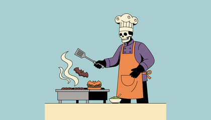 A skeleton chef grills spooky Halloween burgers with a bat perfect for festive promotions