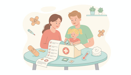 Happy family organizes a first aid kit promoting health and safety preparedness at home