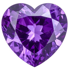Faceted, heart-shaped gemstone with intricate internal reflections, showcasing varying purple hues