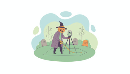 Halloween pumpkin surveyor measures a grave plot with surveying equipment in a spooky setting