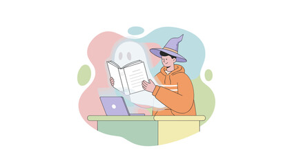 Young man in wizard hat reads a book with a ghost a laptop on desk Fantasy learning Halloween