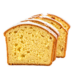Sliced loaf cake dusted with powdered sugar, showcasing a close-up of texture