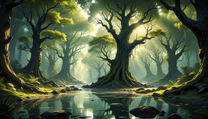 Enchanted forest with sunlight filtering through lush trees and water  