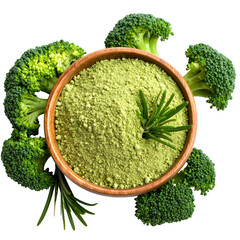 A wooden bowl filled with green powder surrounded by fresh broccoli florets. Rosemary sprig garnish