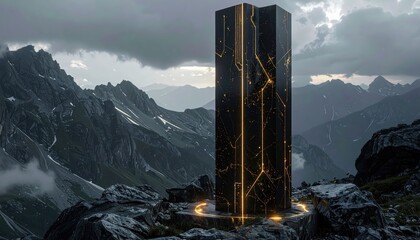 Futuristic monolith of dark, textured material adorned with glowing, golden lines stands prominently on a rocky summit, set against a backdrop of expansive mountains and cloudy skies creating a...