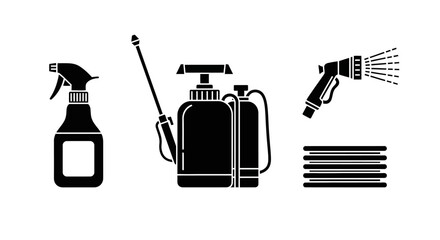 Vector illustration of various garden sprayers and a hose on white background.