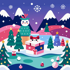 Vector Illustration of a Cute Christmas Winter Landscape with Gifts and Snowy Mountains