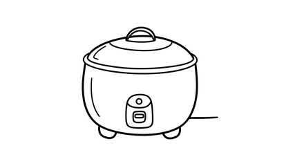 A simple black and white line drawing of a modern electric rice cooker with a lid and a control panel.