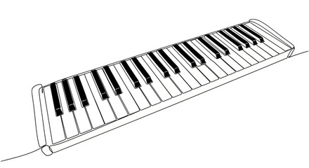 Line drawing of a piano keyboard, showing the black and white keys in detail.