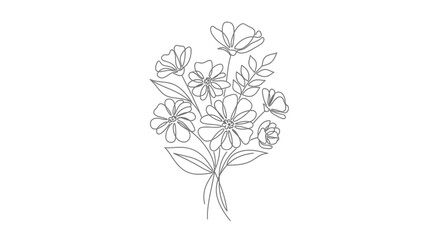 A delicate line drawing of a bouquet of flowers with leaves, showcasing a minimalist and elegant design.