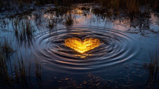 Heart shaped light ripples water