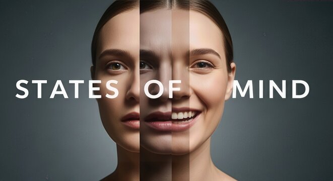 Composite portrayal of a woman's face split into diverse emotional states and skin tones, representing the spectrum of human feelings and diverse inner experiences, showcasing mental clarity