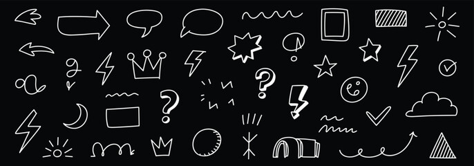 White hand-drawn doodle icons on black background, sketch arrows, stars, crowns, speech bubbles, abstract symbols, playful cartoon elements, flat vector illustration