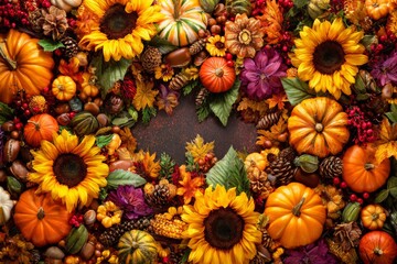Harvest harmony: the vibrant essence of thanksgiving traditions. Stylish concept. Joyful autumn banner: pumpkins, fall leaves, and sunflowers unite. Upscale style. Luxury apparel.