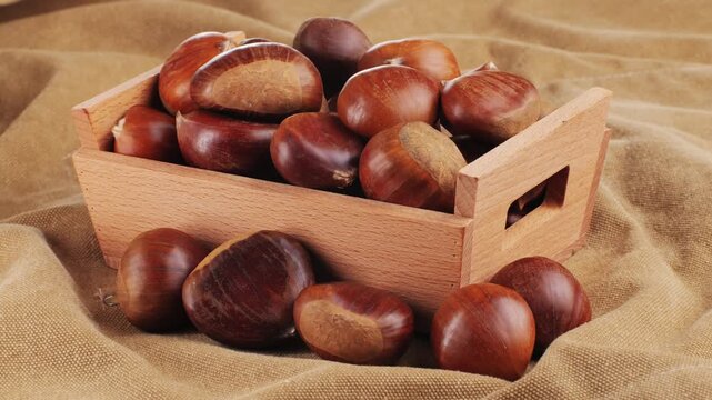 Fresh chestnut, supermarket food, Oven roasted chestnuts with sliced peel on wooden board, spanish traditional winter dish.