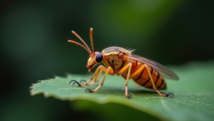 Naklejka premium perspective captures an insect, possibly a fly, perched delicately on a vibrant green leaf with detailed textures visible and wings partially extended.