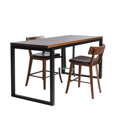 A wooden bar table with two bar stools on a black background