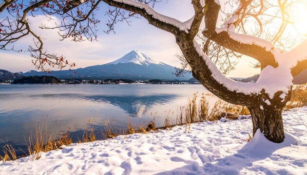 Snowy winter landscape with mountain reflection - Powered by Adobe