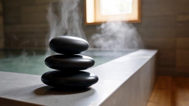 Stack of smooth black massage stones by a steaming hot tub in a tranquil spa room