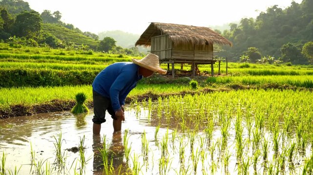 A Southeast Asian farmer planting rice seedlings in a lush green paddy field