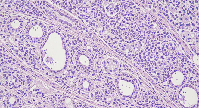 Microscopic view of glandular tissue with neoplastic cells