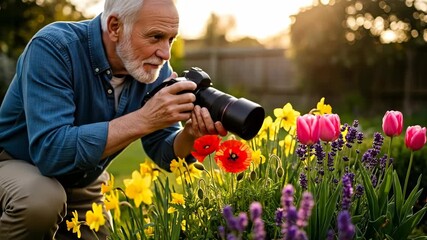 Senior man with camera photographing vibrant flowers in a sunny garden setting