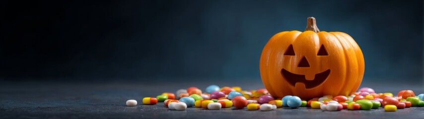 Autumn magic: a cheerful pumpkin surrounded by sweet treats. Print ready. Minimalist halloween: cheerful pumpkin with a candy wonderland. Bright colors. Design template.