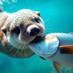 Playful Otter Catching Fish: A Glimpse into Underwater Aquatic Life and Marine Animal Behavior in Colorful Waters