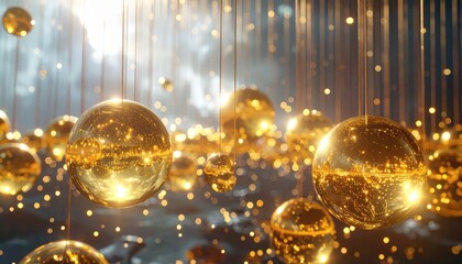 Shimmering golden spheres hang suspended, reflecting light and creating a festive, ethereal atmosphere with soft bokeh effects, evoking feelings of celebration and luxury against a dreamy backdrop.