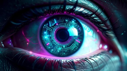 Close up of a futuristic eye with digital circuit patterns neon lighting - Powered by Adobe