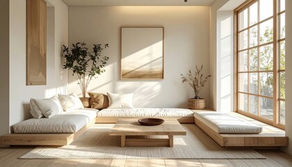 Serene interior showcases natural sunlight illuminating the modern living space, featuring minimalist design with wooden furniture, comfortable cushions, decorative plants, and a tranquil ambiance...
