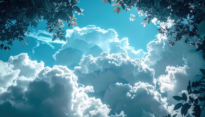 The camera angle captures a beautiful view of the fluffy white clouds in a vast, clear blue sky framed by tree branches and lush green leaves.