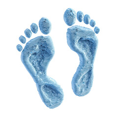 A pair of light blue human footprints rendered with a three dimensional layered texture resembling a topographic map set against a solid black background