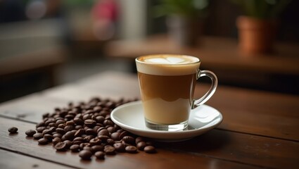 A glass cup of layered, freshly brewed coffee with foamed milk, resting on a white saucer, is next to a pile of roasted coffee beans on a dark wooden table, creating a warm and inviting atmosphere.