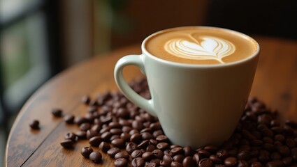 Delicious latte art in a white mug rests on a wooden table surrounded by roasted coffee beans, showcasing a warm and inviting presentation with rich color and natural textures.