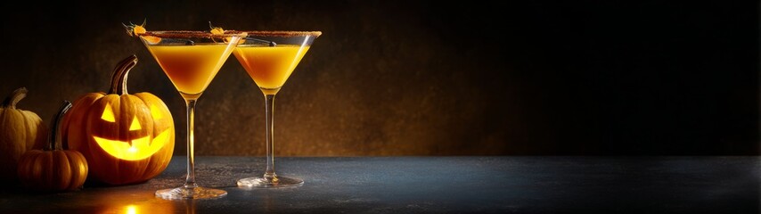 Elegant autumn spirits: pumpkin martinis for a halloween celebration. Color background. Halloween cocktail showcase: pumpkin martinis with enchanting atmosphere. Professional look.