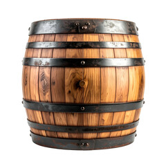 Obraz premium A wooden barrel with iron bands, showcasing its detailed grain and robust structure, isolated on black