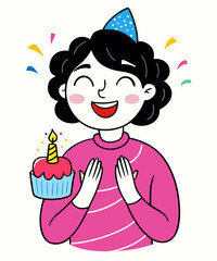Joyful woman celebrating a birthday with a cupcake and party hat illustration
