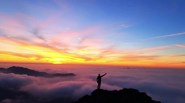 A silhouette of a man standing on a mountain top above hovering clouds against a vibrant pink sunset. A hiker has climbed the mountain. Concepts of travel, nature beauty, and alpinism