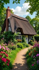 Charming Thatched Cottage in Vibrant English Countryside Garden, Blooming Flowers, Lush Greenery, Idyllic Home and Travel Scene