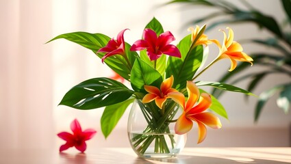 Vibrant Tropical Floral Arrangement in Glass Vase: Perfect Summer Home Decor with Pink and Orange Lilies